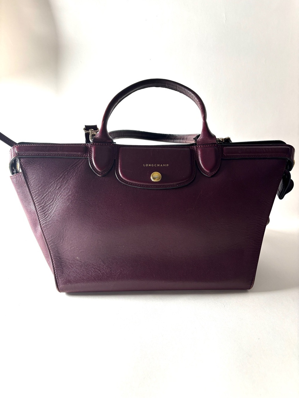 Longchamp Plum Leather Satchel with Top Handles